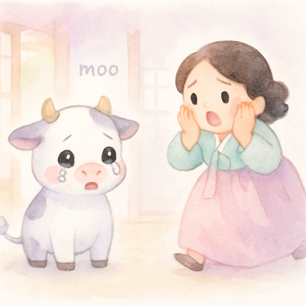 완전히 소가 되어 '음메' 소리만 내는 아이와 놀란 엄마